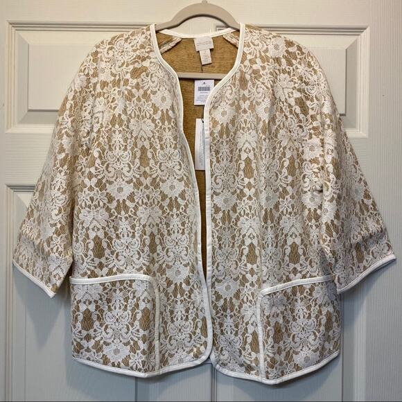 Chicos Bonded Lace Henrietta Cardigan Jacket Faux Leather Tan White Size 2 Large - Picture 5 of 6